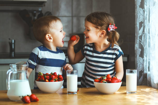 happy children brother and sister eating strawberries with milk - breakfast family child healthy eating imagens e fotografias de stock