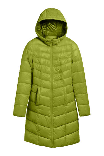 istock Chartreuse green winter long coat jacket with hood isolated on white 835971062
