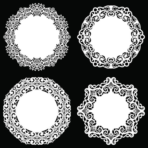 ilustraciones, imágenes clip art, dibujos animados e iconos de stock de conjunto de elementos de diseño, cordón redondo tapetito de papel, servilleta para decorar la torta, plantilla para corte, copo de nieve, elemento de saludo, chapa, corte por laser, vector ilustraciones - paper lace isolated on red white