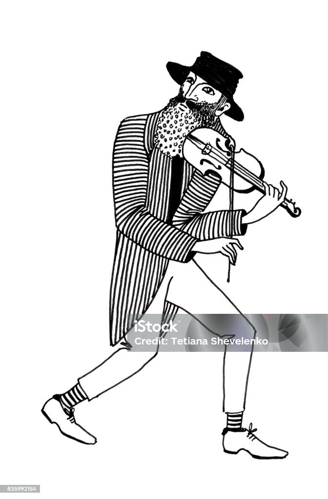 Pobre músico de rua tocando o violino. Ilustração da mão desenhada. - Ilustração de Violinista royalty-free