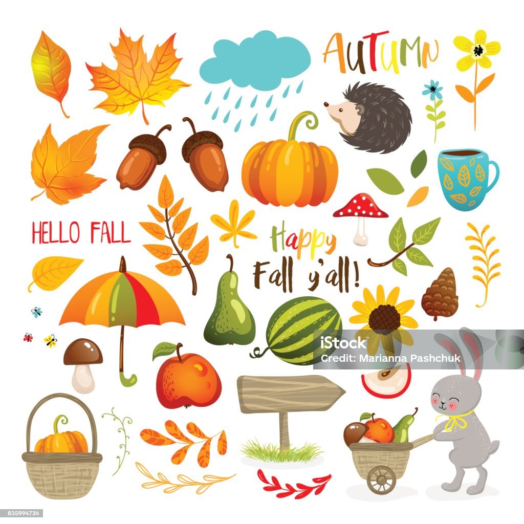 Set Of Cute Autumn Cartoon Elements Stock Illustration - Download Image Now  - Autumn, Sunflower, Animal - iStock