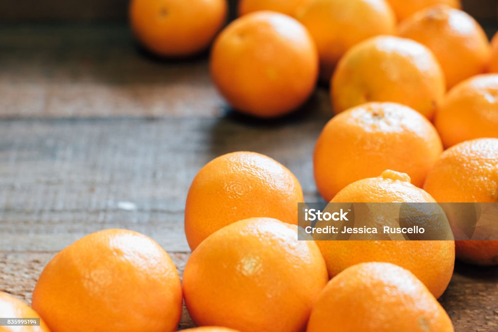California locally grown organic oranges in a wooden crate Valencia Orange Stock Photo