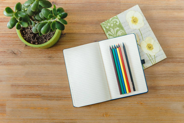 istock work space with open note book,pencils and plants pot.wooden table.top view. 835999394