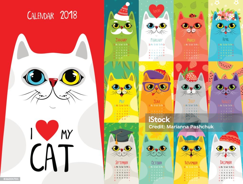 カレンダーの 2018 年。かわいい猫 - 飼い猫のロイヤリティフリーベクトルアート