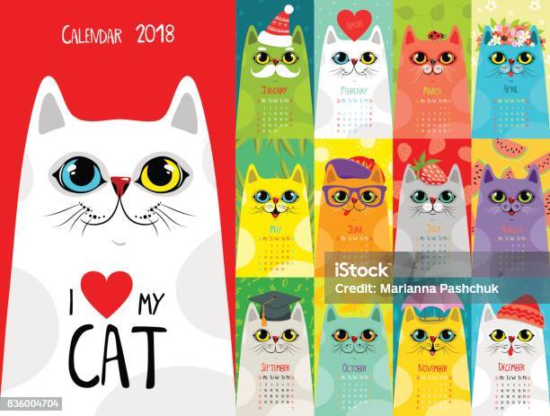 カレンダーの 2018 年かわいい猫 - 飼い猫のベクターアート素材や画像を多数ご用意 - 飼い猫, サングラス, バレンタインデー