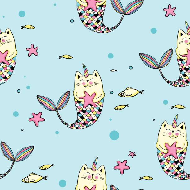 ブルーの猫人魚シームレス パターン - pattern backgrounds blue black点のイラスト素材／クリップアート素材／マンガ素材／アイコン素材