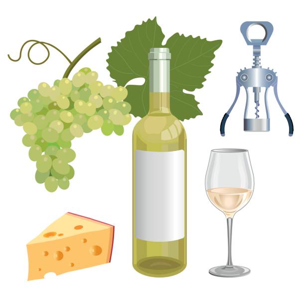 martwa natura z białym winem - cheese wine white background grape stock illustrations