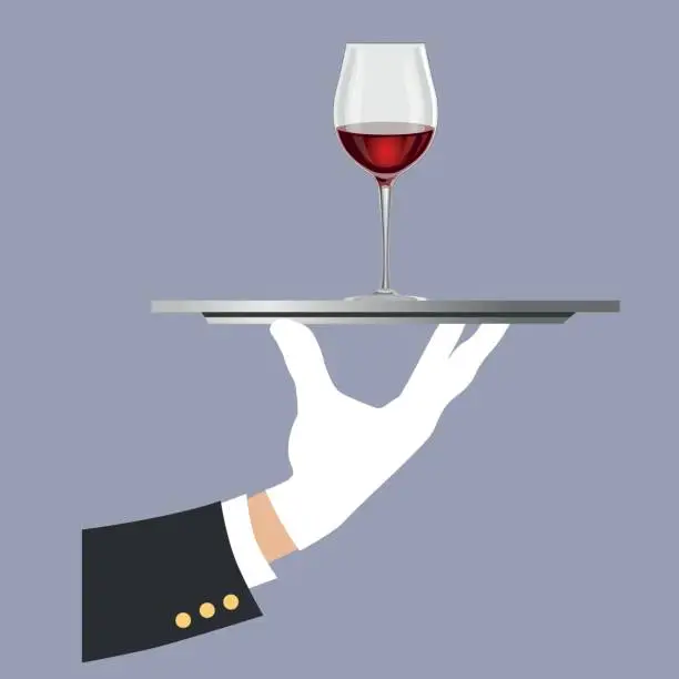 Vector illustration of Hand holding a tray with a glass of wine