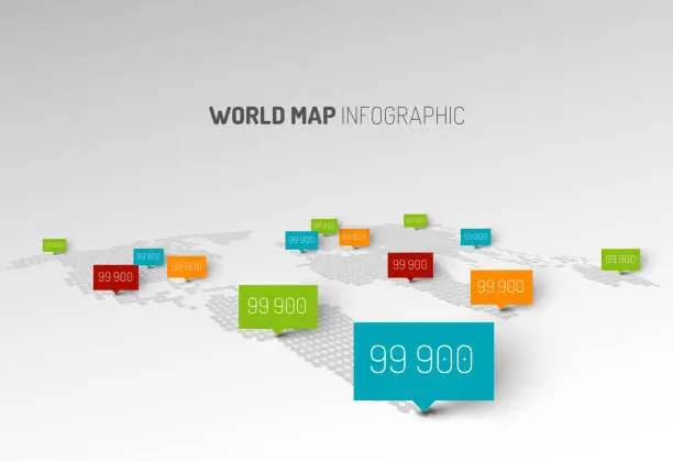 Vector illustration of Light World map with droplets pointer marks