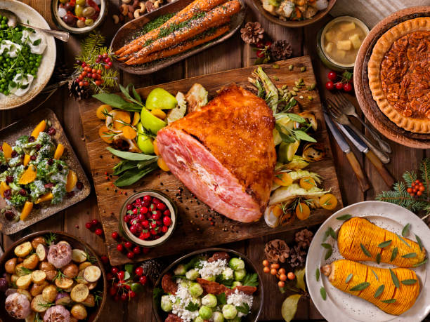 Holiday Ham Dinner Maple Ham Turkey Dinner banquet stock pictures, royalty-free photos & images