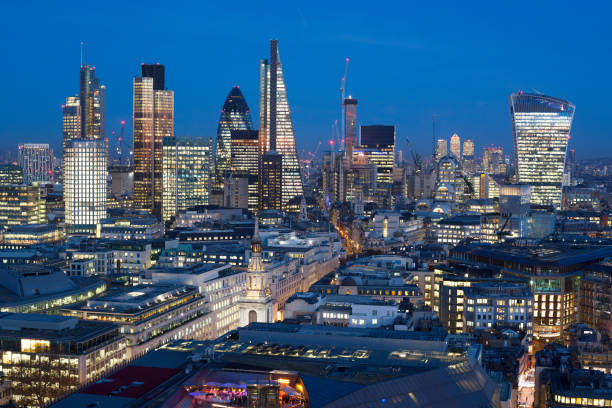Financial district of London at dusk, England Elevated view of the Financial district of London at dusk, London, England. 20 fenchurch street photos stock pictures, royalty-free photos & images