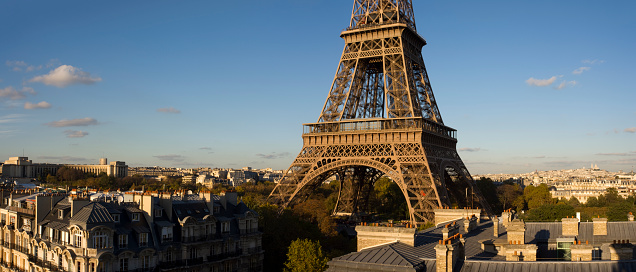 Panoramic elevated view of the Eiffel Tower during the day, Paris, France.