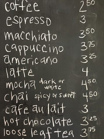 Chalkboard menu board in coffee shop.