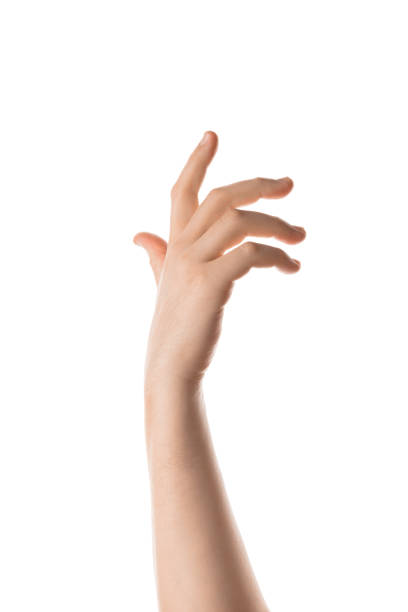istock Man hand hold, grab or catch some object, hand gesture. Isolated on white 836036610