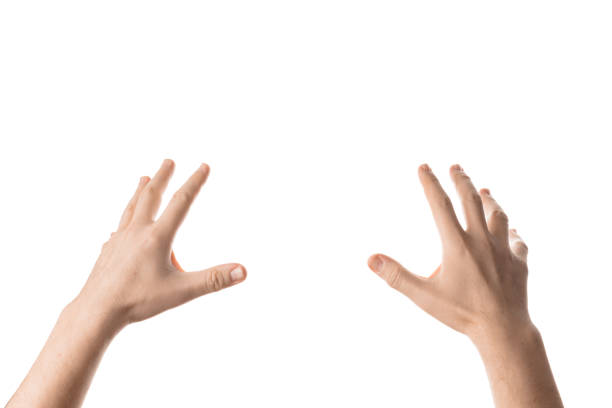 istock Man hand hold, grab or catch some object, hand gesture. Isolated on white 836036620