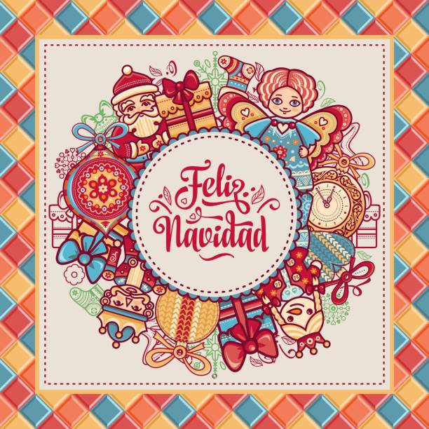 feliz navidad입니다. 스페인에서 인사말 카드입니다. 크리스마스   축제 배경입니다. 화려한 이미지입니다. - argentina honduras stock illustrations