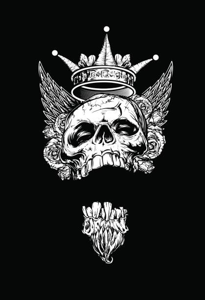 ilustraciones, imágenes clip art, dibujos animados e iconos de stock de alado, rey calavera con rosas y corona - skull gothic style evil dark