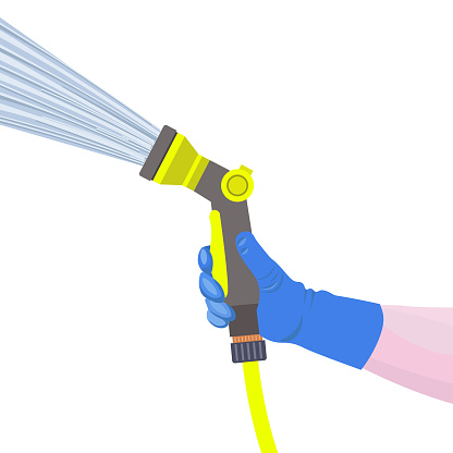 Hand holds the garden watering hose with water spray gun. Vector illustration