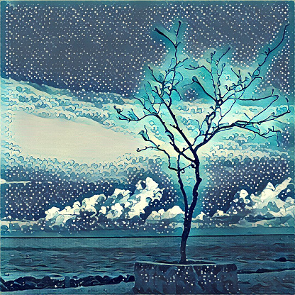 Digital illustration - Lonely tree on the sea shore. Silhouette of lifeless tree on the beach. Watercolor and etching style of ocean view. Poster banner template or print background. Conceptual image