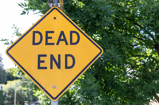 Dead end sign in front of a green street
