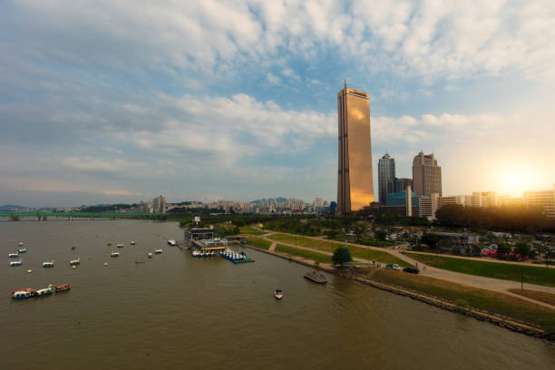 Seoul city and han river with blue sky white clouds in South Korea.