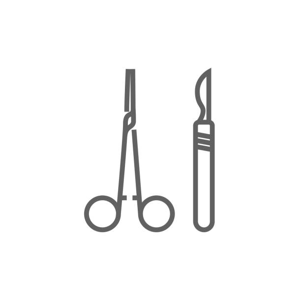 ilustraciones, imágenes clip art, dibujos animados e iconos de stock de instrumentos quirúrgicos icono de línea - medical supplies scalpel surgery equipment