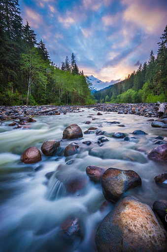 Sunset over a river and Mt Baker, Mount Baker-Snoqualmie National Forest, Washington State, USA