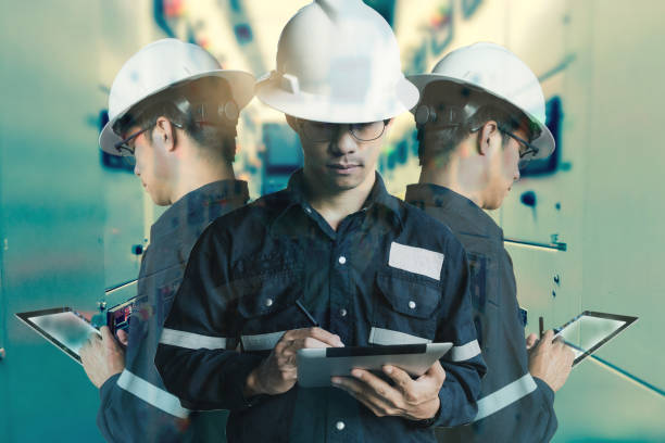istock Double exposure of  Engineer or Technician man working with tablet in switch gear electrical room of oil and gas platform or plant industrial for monitor process, business and industry concept. 836066088