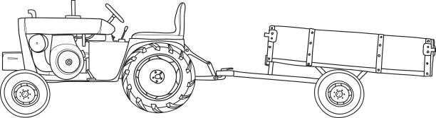 ilustrações de stock, clip art, desenhos animados e ícones de antique tractors  with tipping trailer vintage  hand drawn vector line art illustration - car transporter semi truck isolated on white truck