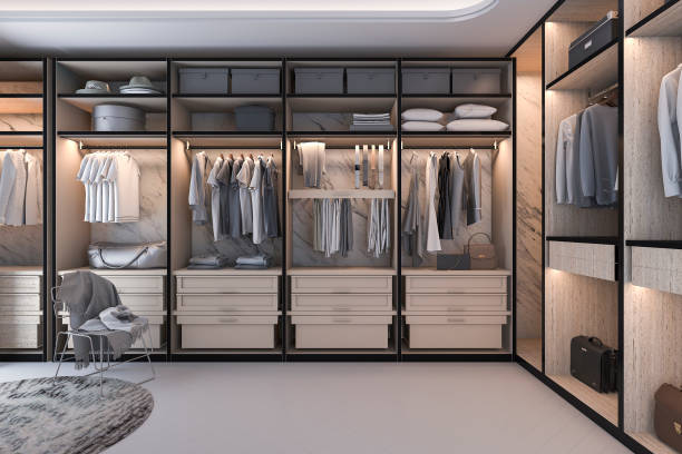 istock 3d rendering minimal loft luxury wood walk in closet with wardrobe 836069604