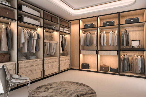 istock 3d rendering minimal loft luxury wood walk in closet with wardrobe 836069630