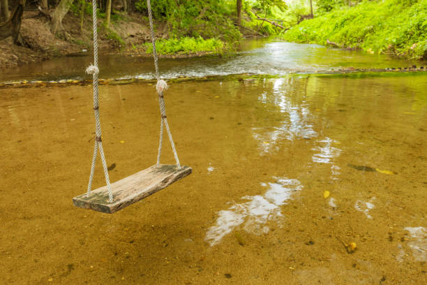istock Old wood swing near stream 836073454