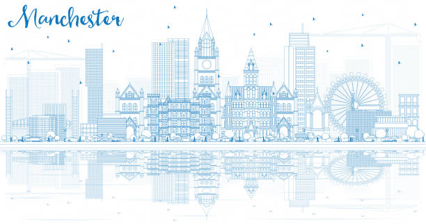 очертуйте манчестер скайлайн с голубыми зданиями и отражениями. - manchester stock illustrations