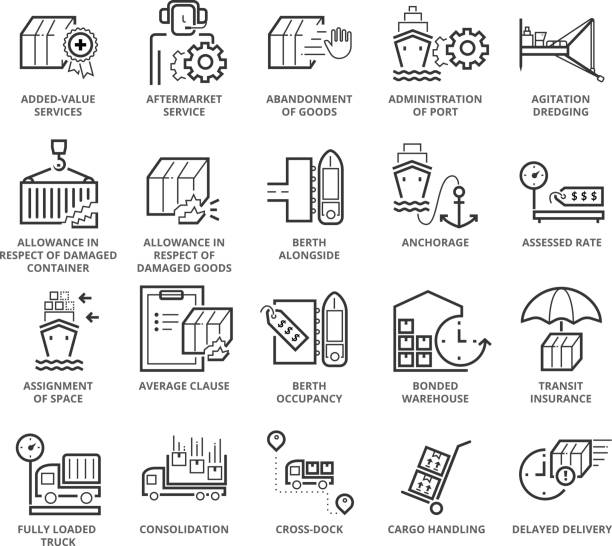 ilustrações de stock, clip art, desenhos animados e ícones de flat thin line icons set of international logistic and ocean freight - clause