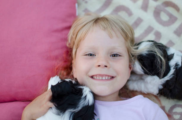 menina loira de 5 anos. ucraniana garota feliz. menina loira com cachorro. - child 4 5 years laughing little girls - fotografias e filmes do acervo