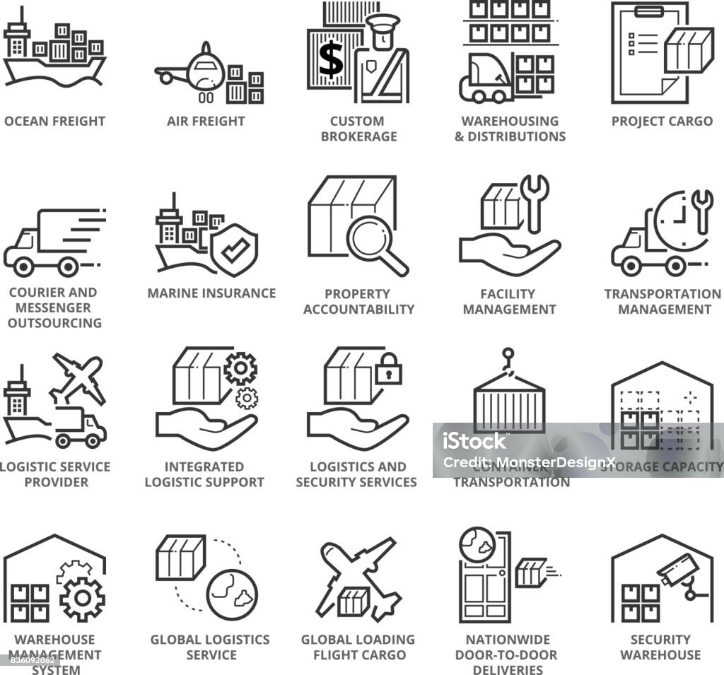 Flat thin line Icons set of International Logistic Flat thin line Icons set of International Logistic . Pixel Perfect Icons. Simple mono linear pictogram pack stroke vector logo concept for web graphics Freight Transportation stock vector