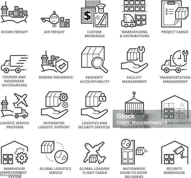 Flat Thin Line Icons Set Of International Logistic Stock Illustration - Download Image Now - Freight Transportation, Cargo Container, Delivering