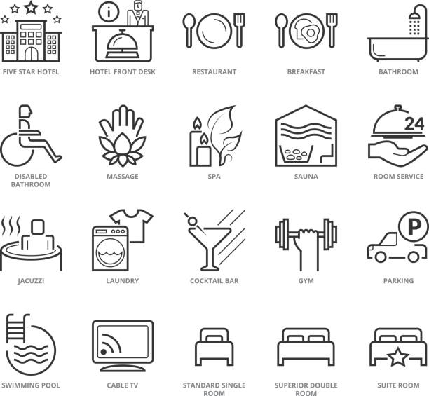 ilustrações, clipart, desenhos animados e ícones de linha fina simples conjunto de ícones de serviços do hotel - hotel suite