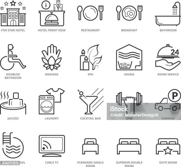 Flat Thin Line Icons Set Of Hotel Services Stock Illustration - Download Image Now - Hotel Suite, Hotel, Hot Tub