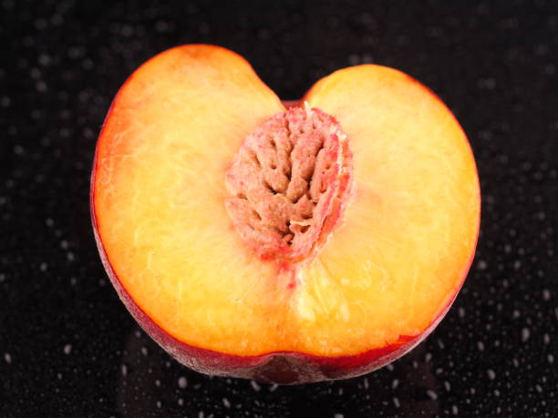 istock Peach on a dark background with droplets 836094336