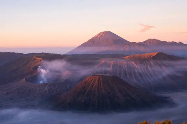Mount Bromo volcano during sunrise, the magnificent view of Mt.Bromo located in Bromo Tengger Semeru National Park, East Java, Indonesia, Kingkong Hill viewpoint, Penajakan