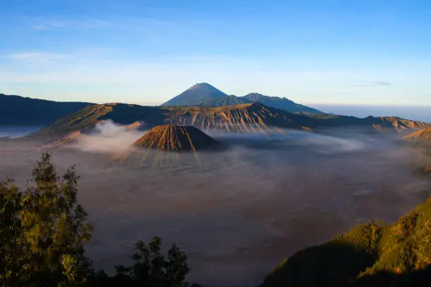 Mount Bromo volcano during sunrise, the magnificent view of Mt.Bromo located in Bromo Tengger Semeru National Park, East Java, Indonesia, Kingkong Hill viewpoint, Penajakan