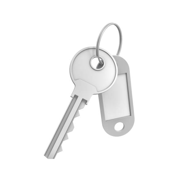 istock 3d rendering of a single silver key with label isolated on white background 836101746