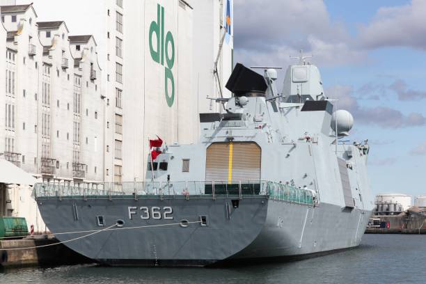 Aarhus, Denmark - August 19, 2017: Frigate Peter Willemoes (F362) from the Royal Danish Navy in Aarhus harbor, Denmark