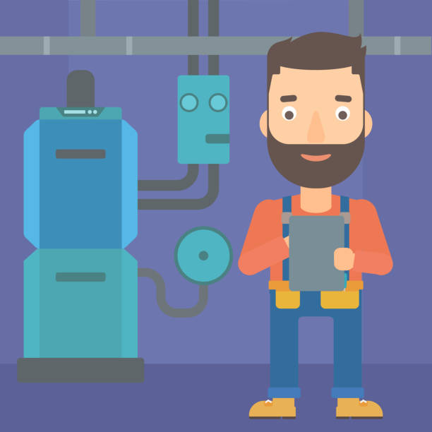 Confident builder with tablet A hipster man with the beard making some notes in his tablet on a background of domestic household boiler room with heating system and pipes vector flat design illustration. Square layout. plumber tablet stock illustrations