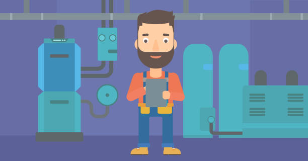 Confident builder with tablet A hipster man with the beard making some notes in his tablet on a background of domestic household boiler room with heating system and pipes vector flat design illustration. Horizontal layout. plumber tablet stock illustrations