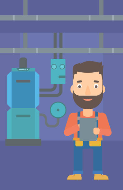 Confident builder with tablet A hipster man with the beard making some notes in his tablet on a background of domestic household boiler room with heating system and pipes vector flat design illustration. Vertical layout. plumber tablet stock illustrations