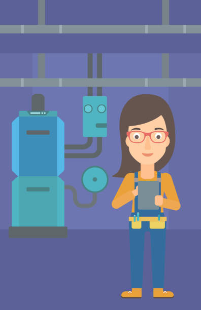 Confident builder with tablet A woman making some notes in her tablet on a background of domestic household boiler room with heating system and pipes vector flat design illustration. Vertical layout. plumber tablet stock illustrations