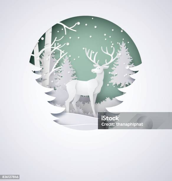 Cerf Dans La Forêt Avec De La Neige Vecteurs libres de droits et plus d'images vectorielles de Noël - Noël, En papier, Se saluer