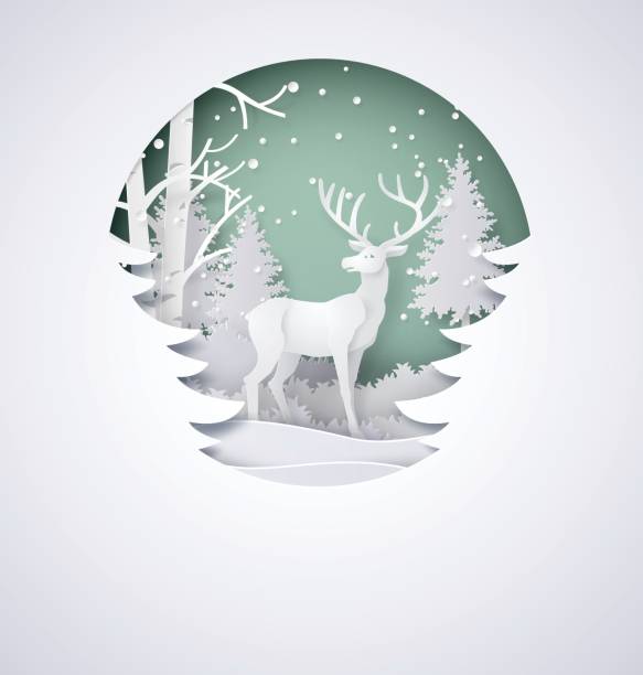 illustrazioni stock, clip art, cartoni animati e icone di tendenza di cervo nella foresta con la neve - auguri di natale